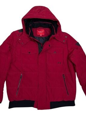 GUESS Winter Parka Coat Red Puffer Designer Hooded Jacket Mens 2XL